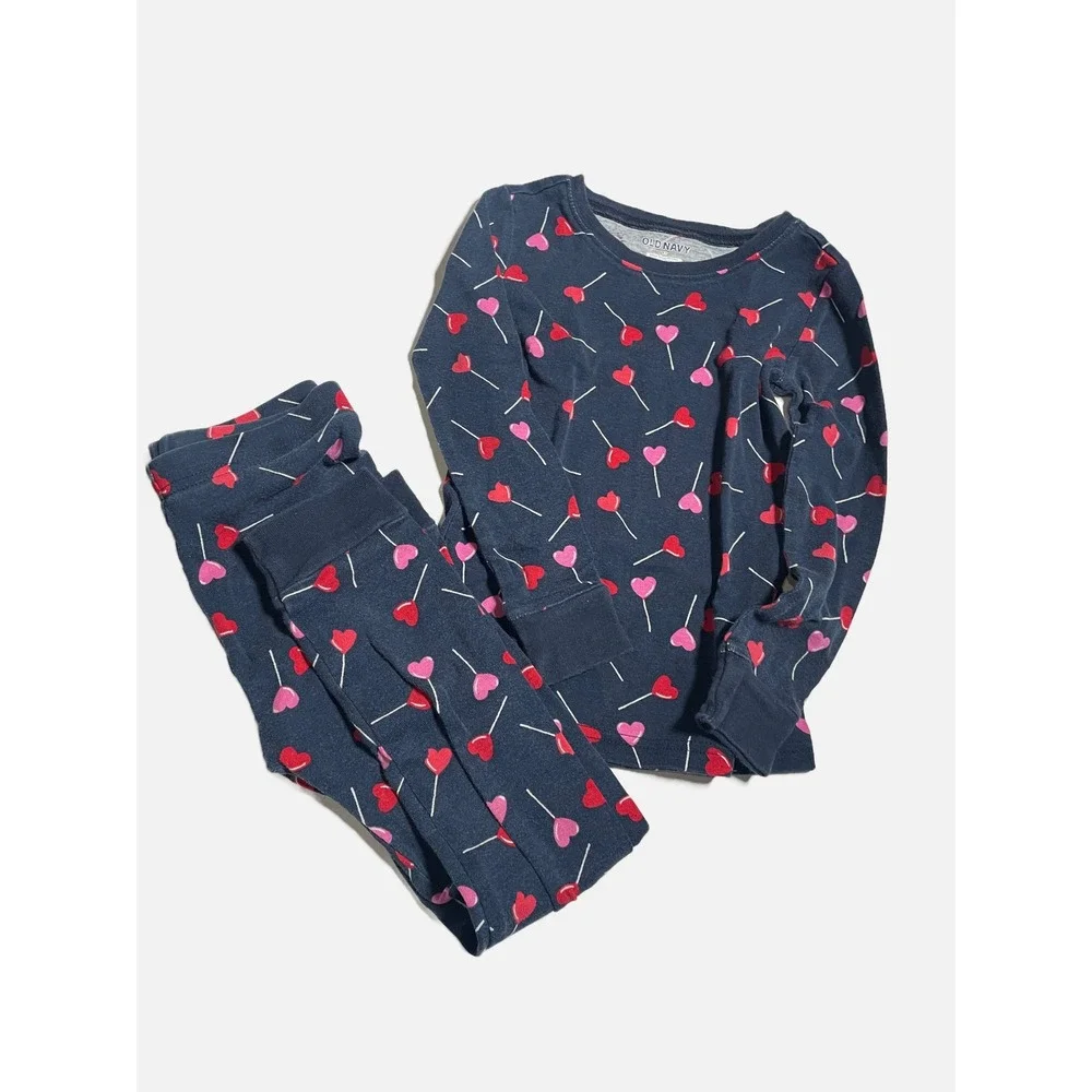 Old Navy Pajama Set Kids 6T Navy Heart Lollipop Print Snug Fit Valentines Day
